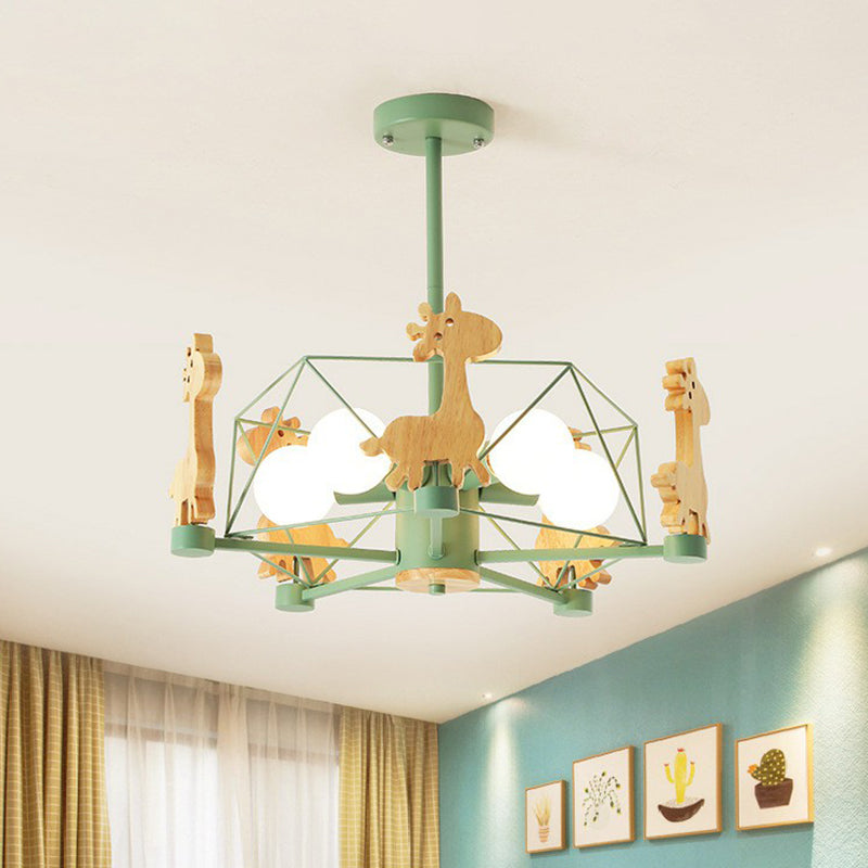 Macaron Caged Suspension Light Metallic 6 Heads Kids Bedroom Chandelier Light with Wooden Deer Decor Clearhalo 'Ceiling Lights' 'Chandeliers' Lighting' options 2187085