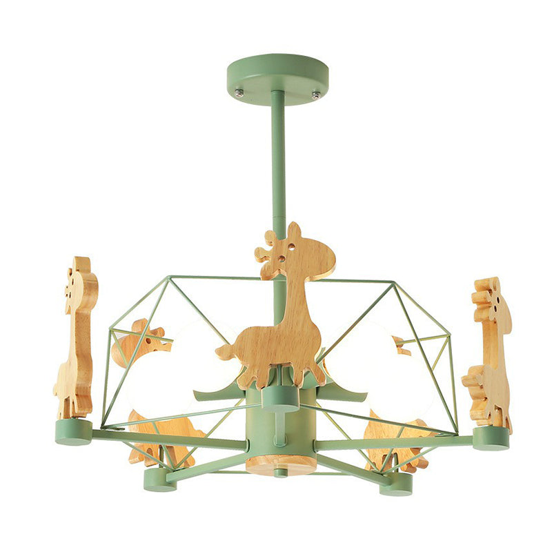 Macaron Caged Suspension Light Metallic 6 Heads Kids Bedroom Chandelier Light with Wooden Deer Decor Clearhalo 'Ceiling Lights' 'Chandeliers' Lighting' options 2187086