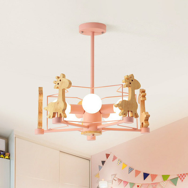 Macaron Caged Suspension Light Metallic 6 Heads Kids Bedroom Chandelier Light with Wooden Deer Decor Pink Clearhalo 'Ceiling Lights' 'Chandeliers' Lighting' options 2187087_a613094d-dedb-422c-8b7d-4c248952f134