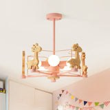 Macaron Caged Suspension Light Metallic 6 Heads Kids Bedroom Chandelier Light with Wooden Deer Decor Clearhalo 'Ceiling Lights' 'Chandeliers' Lighting' options 2187087