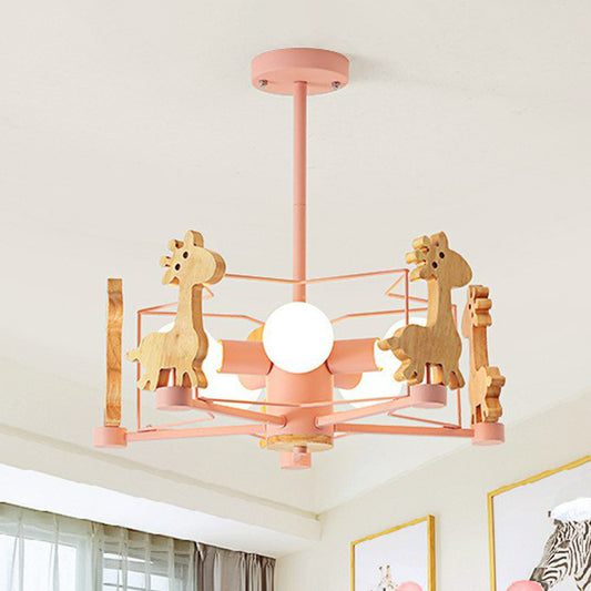 Macaron Caged Suspension Light Metallic 6 Heads Kids Bedroom Chandelier Light with Wooden Deer Decor Clearhalo 'Ceiling Lights' 'Chandeliers' Lighting' options 2187088