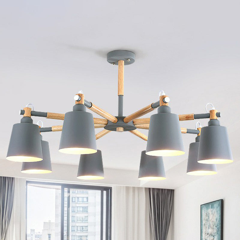 Radial Chandelier Lighting Simplistic Wooden 6 Heads Dining Room Pendant Light with Tapered Metallic Shade Grey Clearhalo 'Ceiling Lights' 'Chandeliers' Lighting' options 2187089_6c4db06c-a618-4773-a42b-4b9fc460c1d4