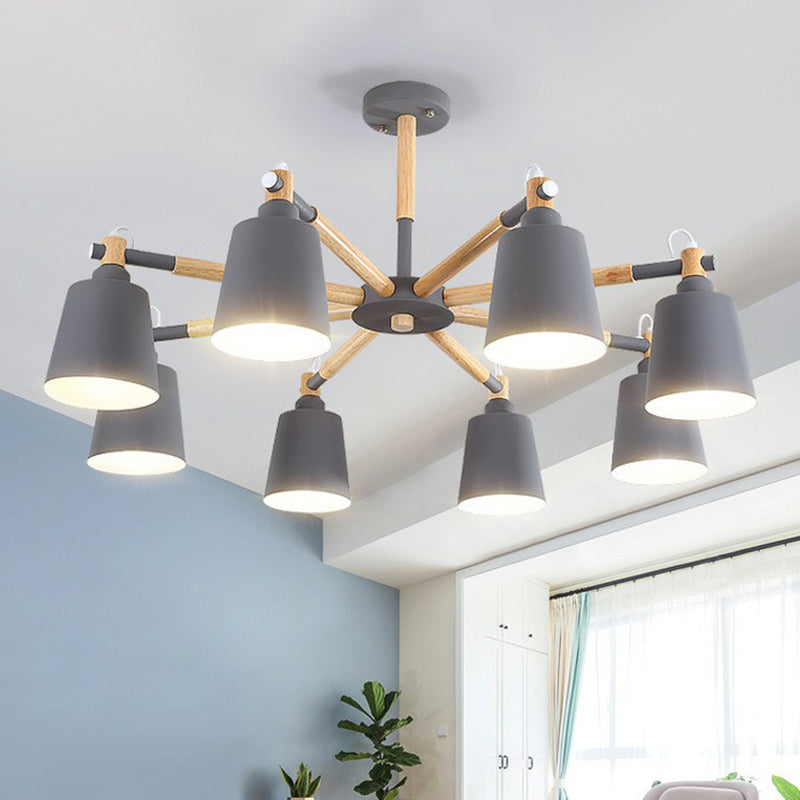 Radial Chandelier Lighting Simplistic Wooden 6 Heads Dining Room Pendant Light with Tapered Metallic Shade Clearhalo 'Ceiling Lights' 'Chandeliers' Lighting' options 2187090