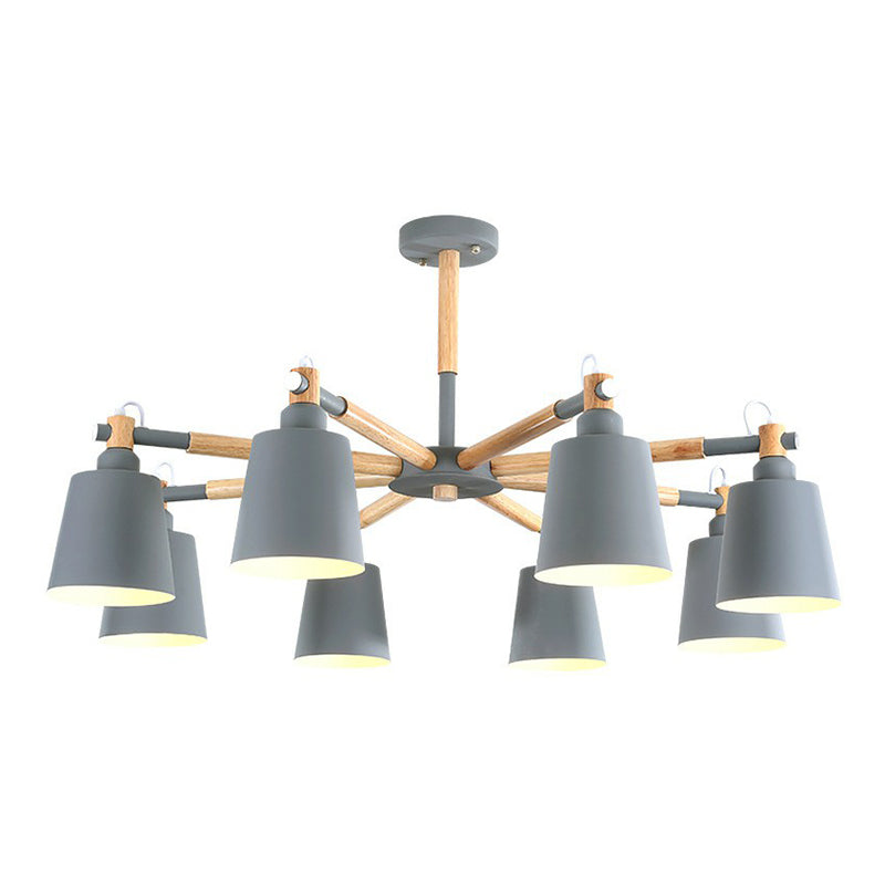 Radial Chandelier Lighting Simplistic Wooden 6 Heads Dining Room Pendant Light with Tapered Metallic Shade Clearhalo 'Ceiling Lights' 'Chandeliers' Lighting' options 2187092