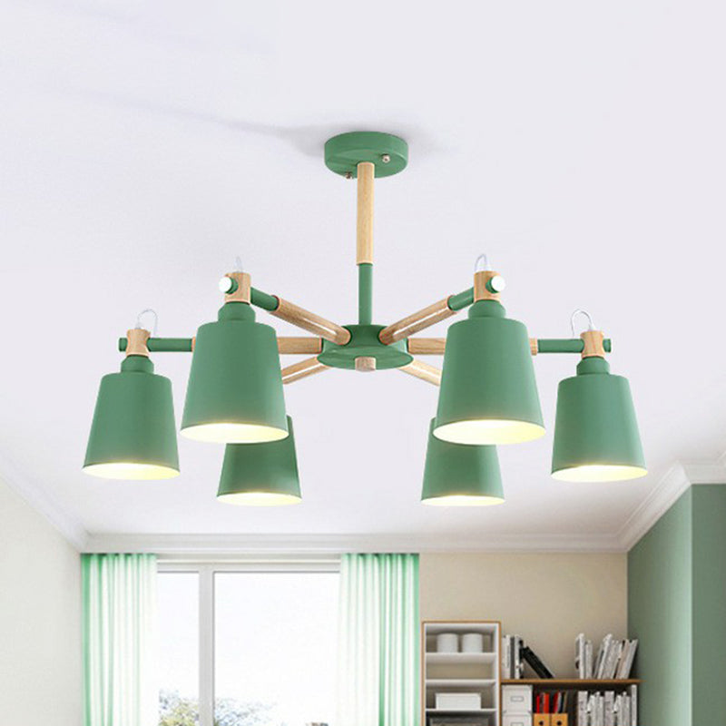 Radial Chandelier Lighting Simplistic Wooden 6 Heads Dining Room Pendant Light with Tapered Metallic Shade Green Clearhalo 'Ceiling Lights' 'Chandeliers' Lighting' options 2187093_412cbae2-4db8-4419-b289-13ebf7b7e204