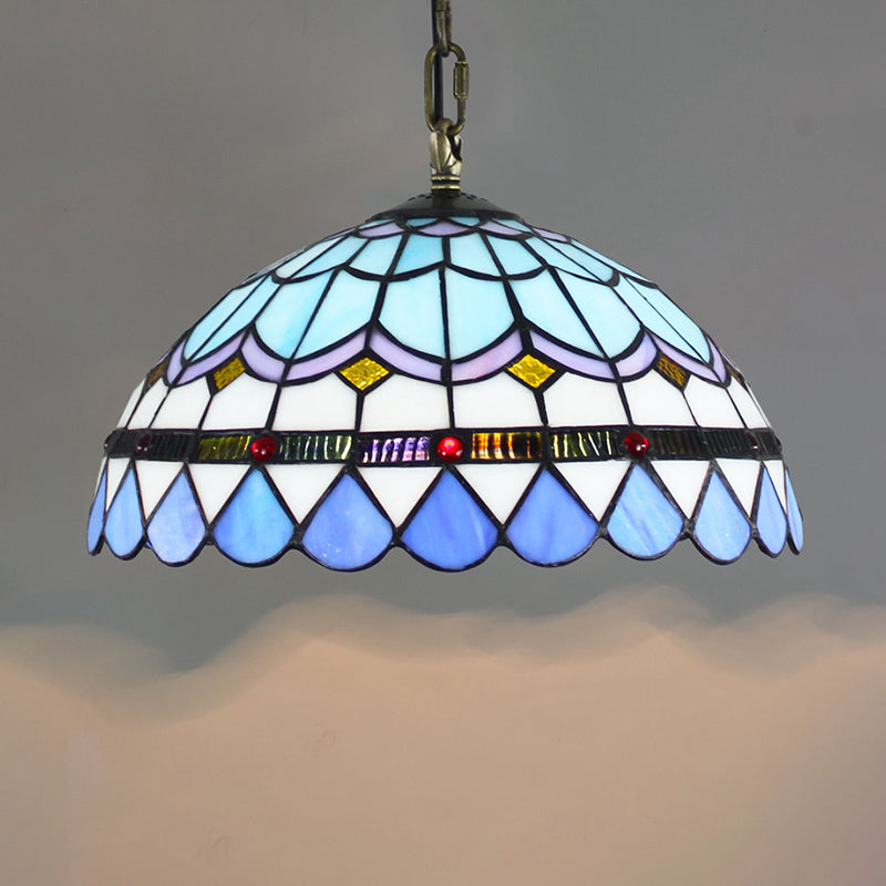 Tiffany-Style Dome Ceiling Light 1-Light Stained Glass Hanging Pendant Light for Restaurant Blue Small Clearhalo 'Ceiling Lights' 'Close To Ceiling Lights' 'Industrial' 'Middle Century Pendants' 'Pendant Lights' 'Pendants' 'Tiffany close to ceiling' 'Tiffany Pendants' 'Tiffany' Lighting' 2187102