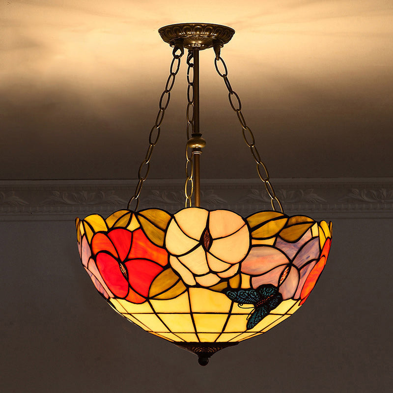 Bowl Shade Suspension Lighting Stained Art Glass Tiffany-Style Pendant Ceiling Light Yellow Clearhalo 'Ceiling Lights' 'Industrial' 'Middle Century Pendants' 'Pendant Lights' 'Pendants' 'Tiffany close to ceiling' 'Tiffany Pendants' 'Tiffany' Lighting' 2187155