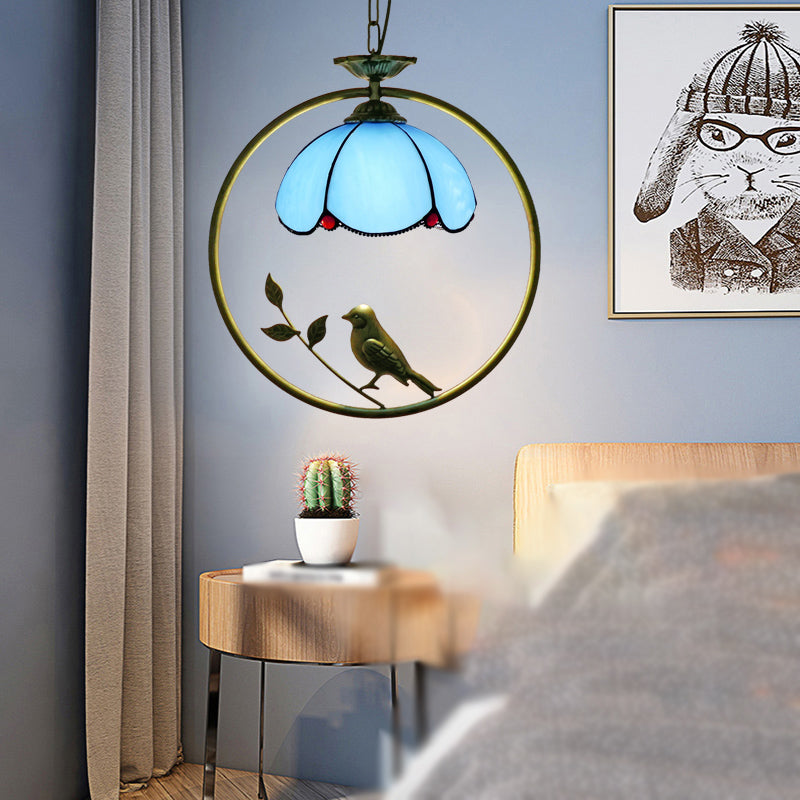 Single-Bulb Ceiling Light Vintage Scalloped Dome Stained Glass Hanging Pendant Light Blue B Clearhalo 'Ceiling Lights' 'Industrial' 'Middle Century Pendants' 'Pendant Lights' 'Pendants' 'Tiffany close to ceiling' 'Tiffany Pendants' 'Tiffany' Lighting' 2187165