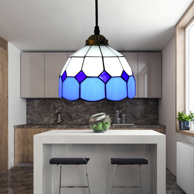 Single-Bulb Ceiling Light Vintage Scalloped Dome Stained Glass Hanging Pendant Light Lake Blue A Clearhalo 'Ceiling Lights' 'Industrial' 'Middle Century Pendants' 'Pendant Lights' 'Pendants' 'Tiffany close to ceiling' 'Tiffany Pendants' 'Tiffany' Lighting' 2187172