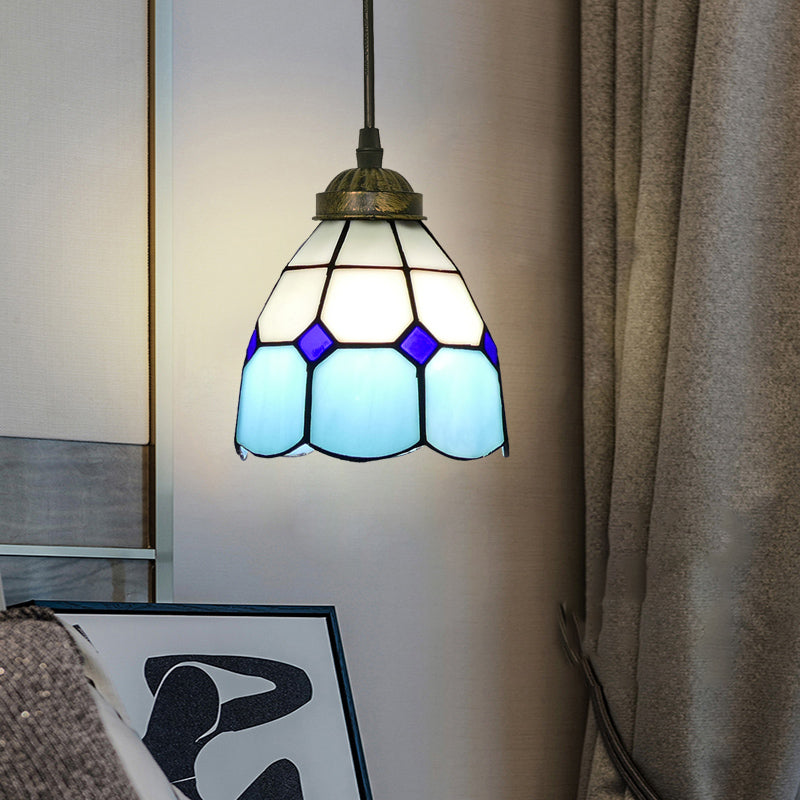 Single-Bulb Ceiling Light Vintage Scalloped Dome Stained Glass Hanging Pendant Light Sky Blue A Clearhalo 'Ceiling Lights' 'Industrial' 'Middle Century Pendants' 'Pendant Lights' 'Pendants' 'Tiffany close to ceiling' 'Tiffany Pendants' 'Tiffany' Lighting' 2187174