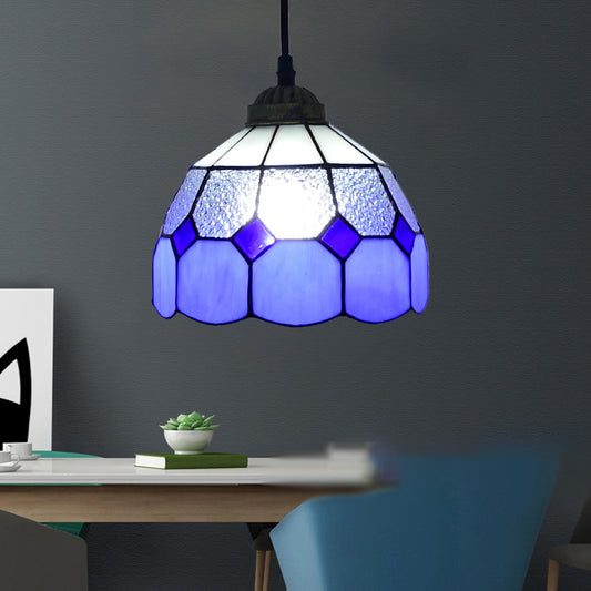 Single-Bulb Ceiling Light Vintage Scalloped Dome Stained Glass Hanging Pendant Light Ocean Blue B Clearhalo 'Ceiling Lights' 'Industrial' 'Middle Century Pendants' 'Pendant Lights' 'Pendants' 'Tiffany close to ceiling' 'Tiffany Pendants' 'Tiffany' Lighting' 2187175