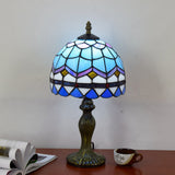 1 Bulb Table Lamp Mediterranean Dome Gridded Glass Nightstand Light in Blue for Living Room Blue Clearhalo 'Lamps' 'Table Lamps' Lighting' 2187384