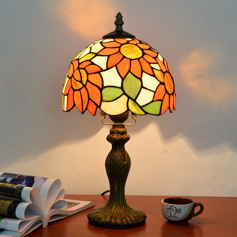 1-Light Table Lamp Tiffany Sunflower Pattern Stained Glass Nightstand Light in Orange Orange Clearhalo 'Lamps' 'Table Lamps' Lighting' 2187409