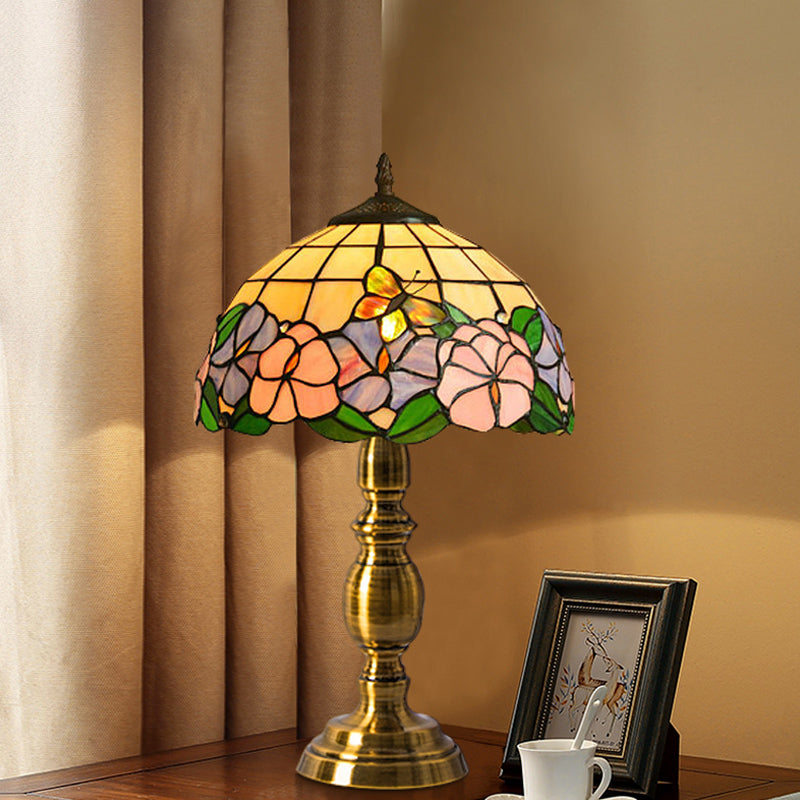 Vintage Dome Table Lamp Single-Bulb Handcrafted Glass Nightstand Lighting with Floral Pattern Pink B Clearhalo 'Lamps' 'Table Lamps' Lighting' 2187416