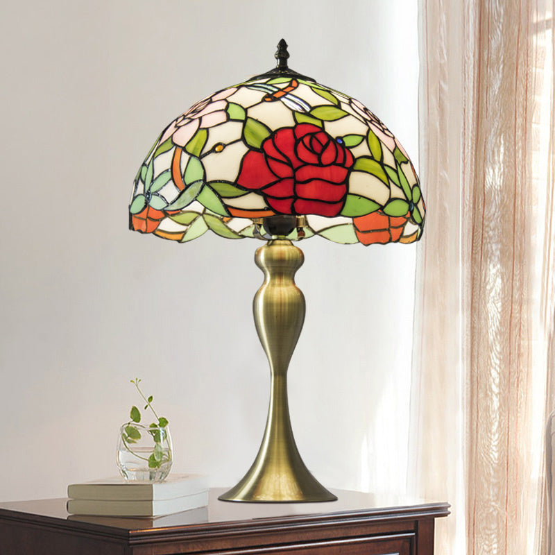 Vintage Dome Table Lamp Single-Bulb Handcrafted Glass Nightstand Lighting with Floral Pattern Red A Clearhalo 'Lamps' 'Table Lamps' Lighting' 2187418