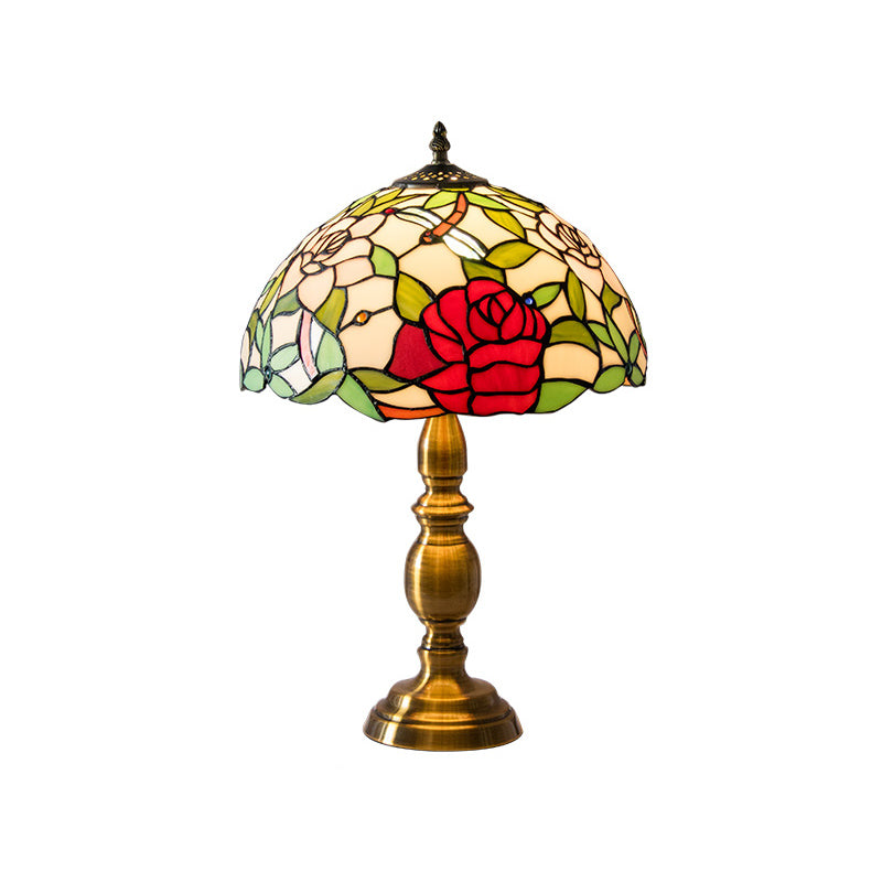 Vintage Dome Table Lamp Single-Bulb Handcrafted Glass Nightstand Lighting with Floral Pattern Red B Clearhalo 'Lamps' 'Table Lamps' Lighting' 2187420