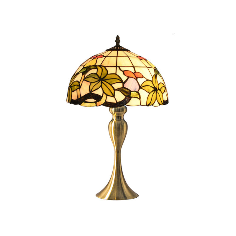 Vintage Dome Table Lamp Single-Bulb Handcrafted Glass Nightstand Lighting with Floral Pattern Yellow A Clearhalo 'Lamps' 'Table Lamps' Lighting' 2187423