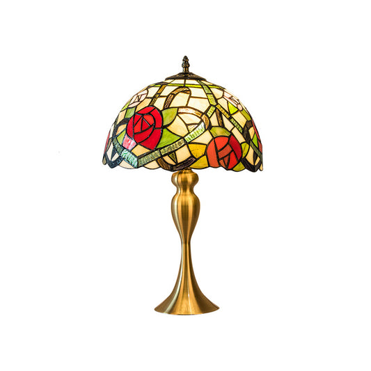 Vintage Dome Table Lamp Single-Bulb Handcrafted Glass Nightstand Lighting with Floral Pattern Green A Clearhalo 'Lamps' 'Table Lamps' Lighting' 2187425