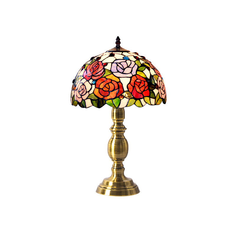 Vintage Dome Table Lamp Single-Bulb Handcrafted Glass Nightstand Lighting with Floral Pattern Orange Red B Clearhalo 'Lamps' 'Table Lamps' Lighting' 2187428