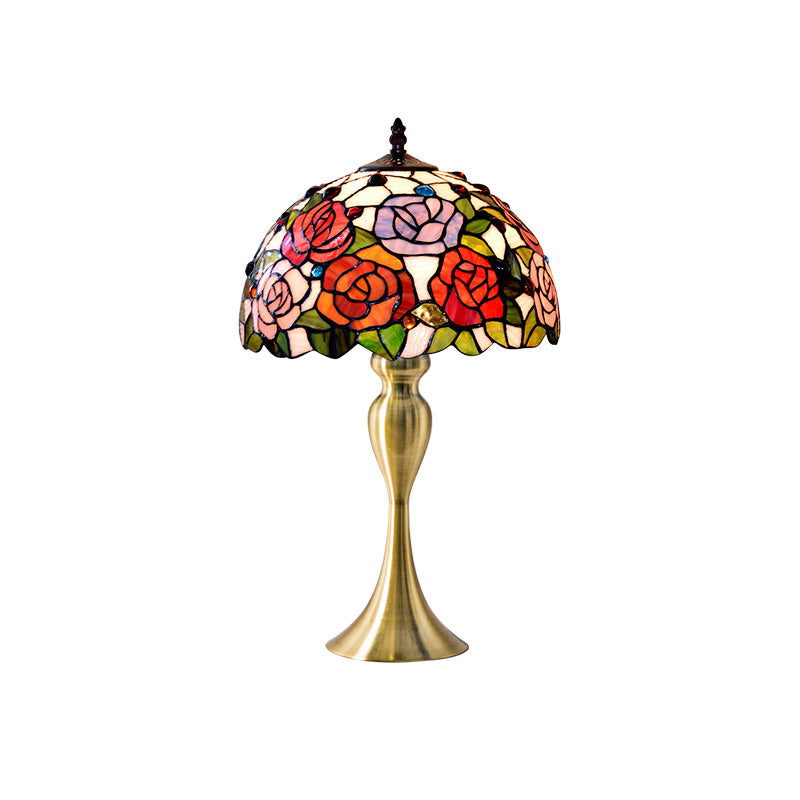 Vintage Dome Table Lamp Single-Bulb Handcrafted Glass Nightstand Lighting with Floral Pattern Orange Red A Clearhalo 'Lamps' 'Table Lamps' Lighting' 2187429