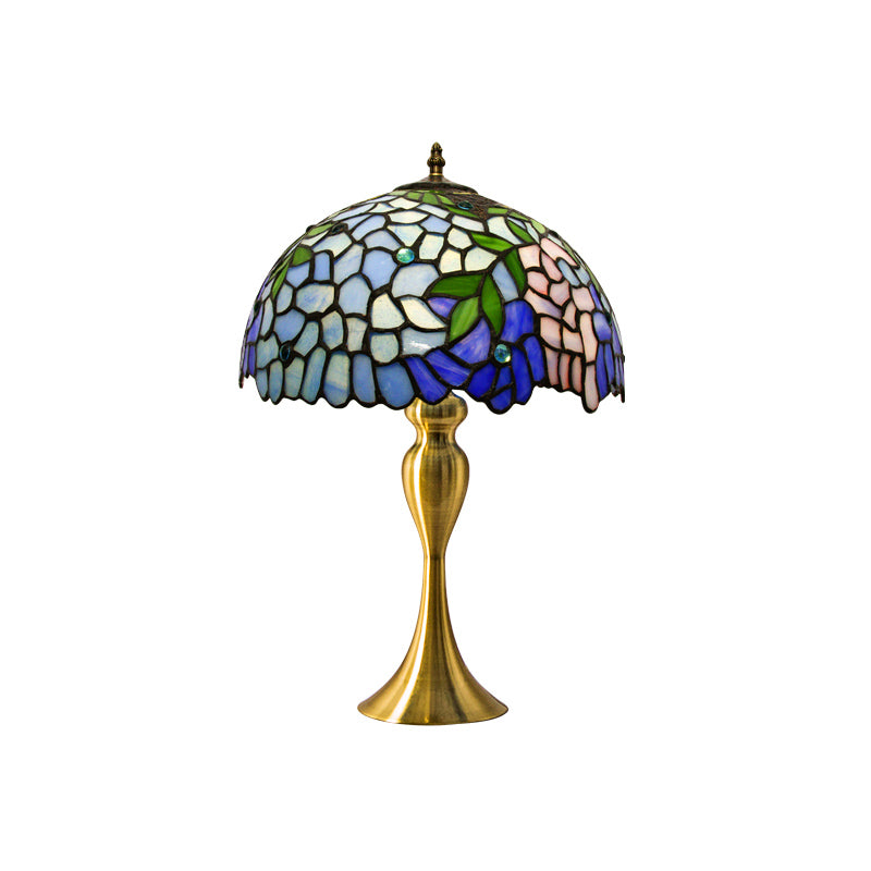 Vintage Dome Table Lamp Single-Bulb Handcrafted Glass Nightstand Lighting with Floral Pattern Blue A Clearhalo 'Lamps' 'Table Lamps' Lighting' 2187431