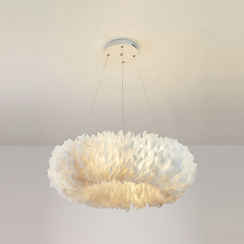 Simplicity Round Chandelier Pendant Light Feather Girls Bedroom Hanging Light in White White 31.5" Circline Clearhalo 'Ceiling Lights' 'Chandeliers' 'Modern Chandeliers' 'Modern' Lighting' 2187462