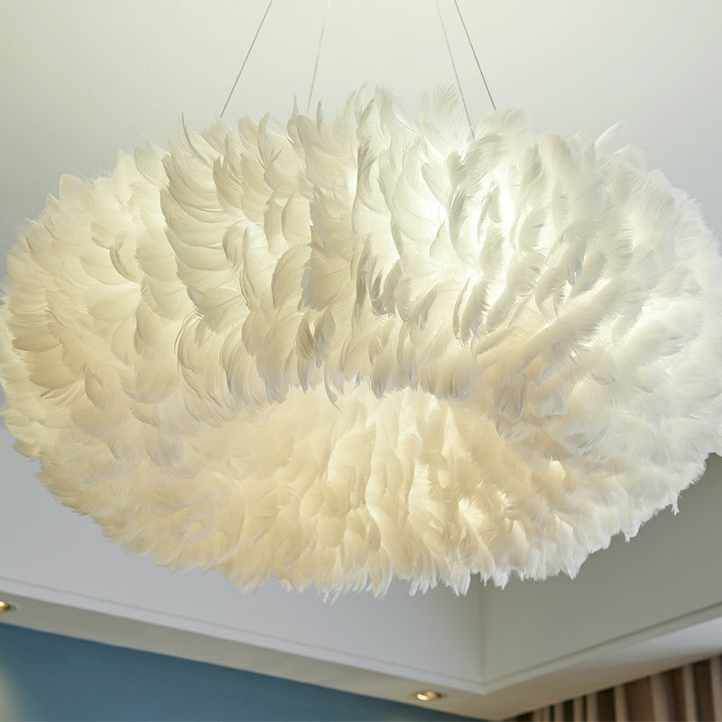 Simplicity Round Chandelier Pendant Light Feather Girls Bedroom Hanging Light in White Clearhalo 'Ceiling Lights' 'Chandeliers' 'Modern Chandeliers' 'Modern' Lighting' 2187463