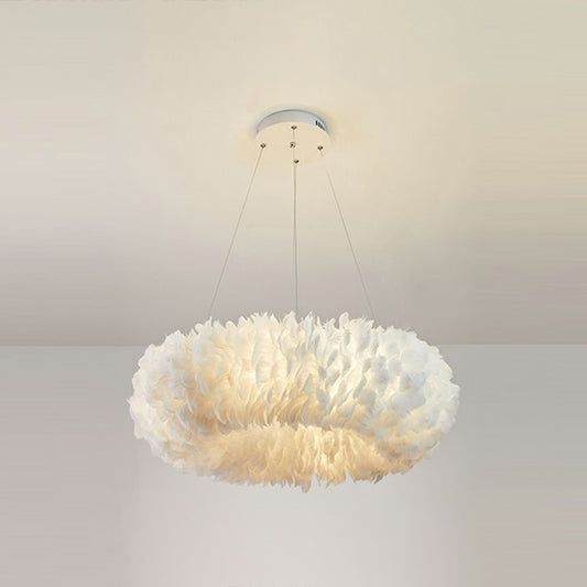 Simplicity Round Chandelier Pendant Light Feather Girls Bedroom Hanging Light in White White 27.5" Circline Clearhalo 'Ceiling Lights' 'Chandeliers' 'Modern Chandeliers' 'Modern' Lighting' 2187464
