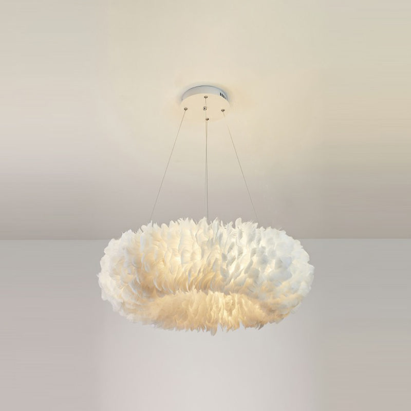 Simplicity Round Chandelier Pendant Light Feather Girls Bedroom Hanging Light in White White 23.5" Circline Clearhalo 'Ceiling Lights' 'Chandeliers' 'Modern Chandeliers' 'Modern' Lighting' 2187465