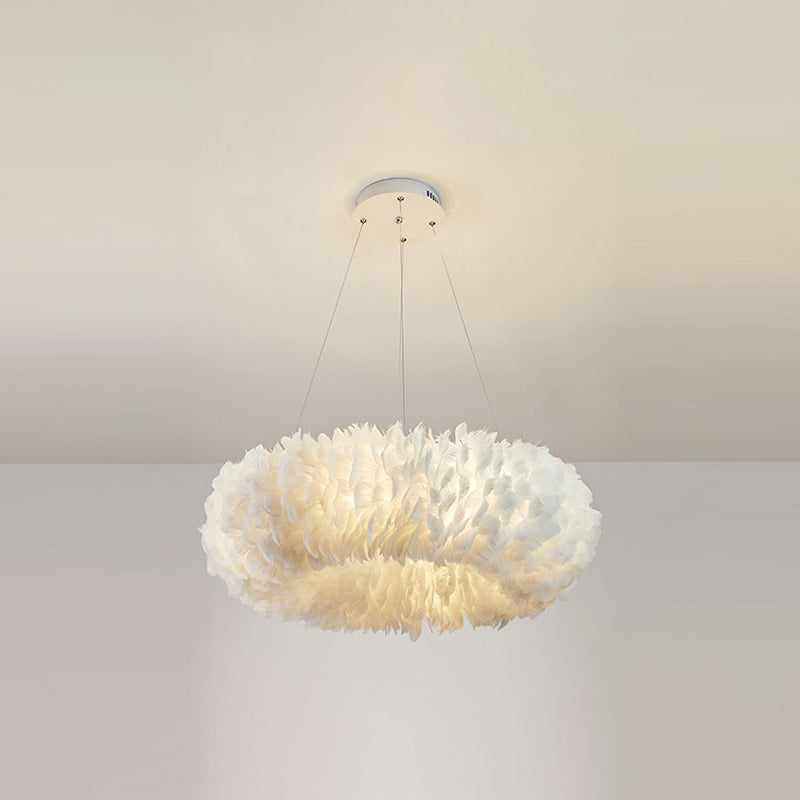Simplicity Round Chandelier Pendant Light Feather Girls Bedroom Hanging Light in White White 19.5" Circline Clearhalo 'Ceiling Lights' 'Chandeliers' 'Modern Chandeliers' 'Modern' Lighting' 2187466