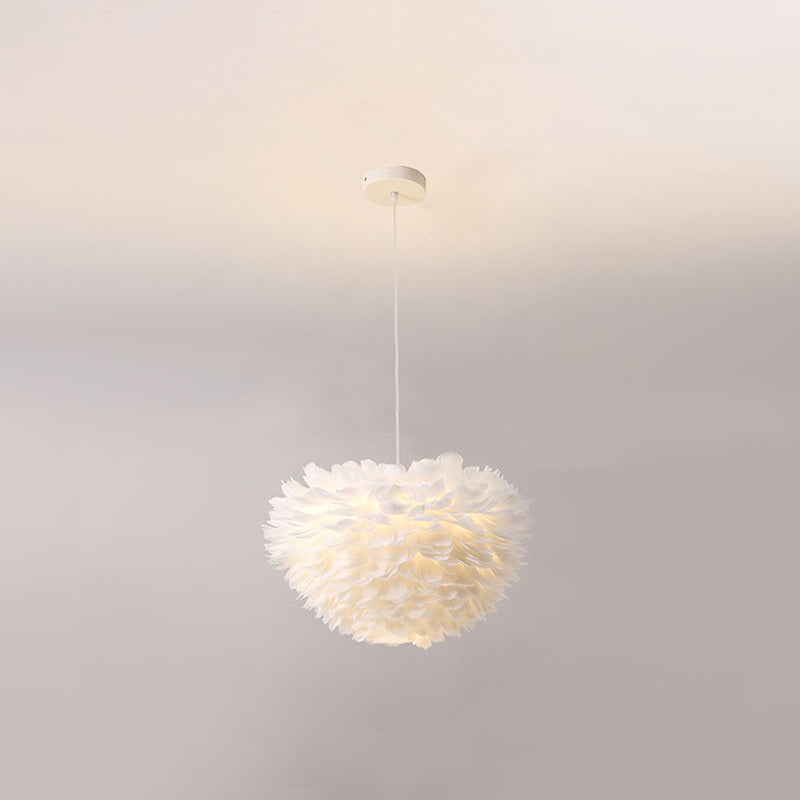 Simplicity Round Chandelier Pendant Light Feather Girls Bedroom Hanging Light in White White 19.5" Globe Clearhalo 'Ceiling Lights' 'Chandeliers' 'Modern Chandeliers' 'Modern' Lighting' 2187467