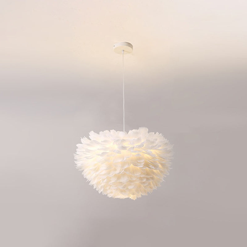 Simplicity Round Chandelier Pendant Light Feather Girls Bedroom Hanging Light in White White 23.5" Globe Clearhalo 'Ceiling Lights' 'Chandeliers' 'Modern Chandeliers' 'Modern' Lighting' 2187468
