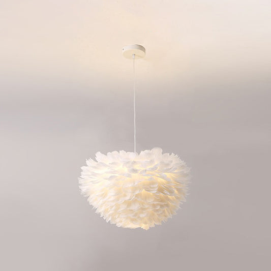 Simplicity Round Chandelier Pendant Light Feather Girls Bedroom Hanging Light in White White 27.5" Globe Clearhalo 'Ceiling Lights' 'Chandeliers' 'Modern Chandeliers' 'Modern' Lighting' 2187469