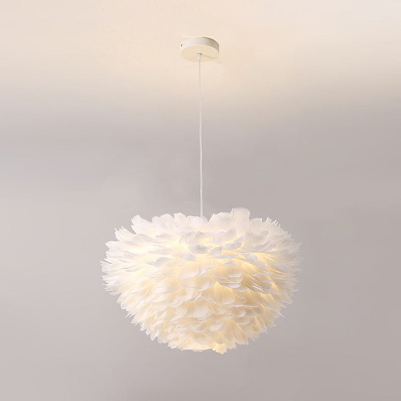 Simplicity Round Chandelier Pendant Light Feather Girls Bedroom Hanging Light in White White 31.5" Globe Clearhalo 'Ceiling Lights' 'Chandeliers' 'Modern Chandeliers' 'Modern' Lighting' 2187470