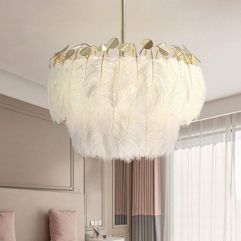 Round Chandelier Light Nordic Style Feather Nursery Pendant Light Fixture in Gold Gold 2 Tiers Clearhalo 'Ceiling Lights' 'Chandeliers' 'Modern Chandeliers' 'Modern' Lighting' 2187471