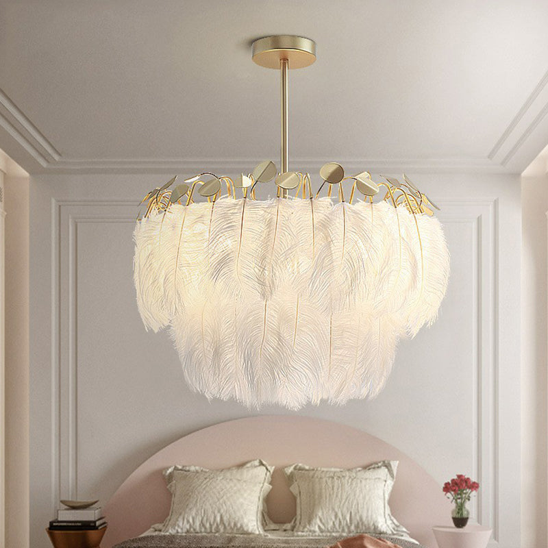 Round Chandelier Light Nordic Style Feather Nursery Pendant Light Fixture in Gold Clearhalo 'Ceiling Lights' 'Chandeliers' 'Modern Chandeliers' 'Modern' Lighting' 2187472