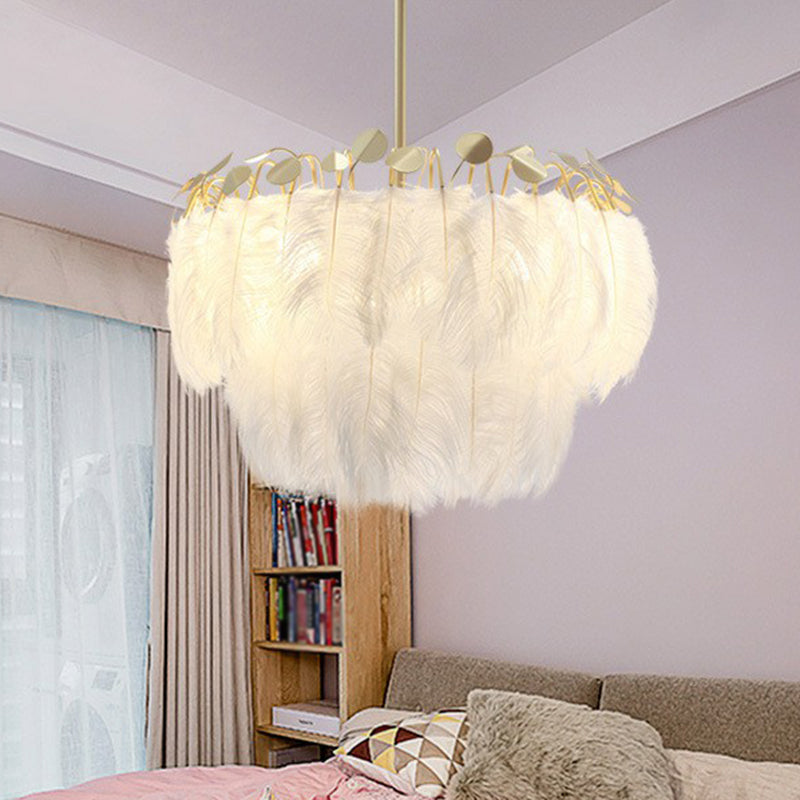 Round Chandelier Light Nordic Style Feather Nursery Pendant Light Fixture in Gold Clearhalo 'Ceiling Lights' 'Chandeliers' 'Modern Chandeliers' 'Modern' Lighting' 2187473