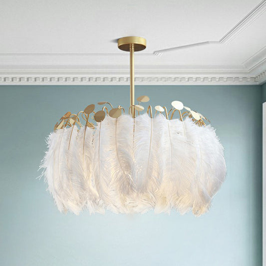Round Chandelier Light Nordic Style Feather Nursery Pendant Light Fixture in Gold Gold 1 Tier Clearhalo 'Ceiling Lights' 'Chandeliers' 'Modern Chandeliers' 'Modern' Lighting' 2187476