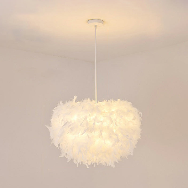 Minimalistic Hemisphere Suspension Light Feather Living Room Pendant Light Fixture in White White 14" Clearhalo 'Ceiling Lights' 'Modern Pendants' 'Modern' 'Pendant Lights' 'Pendants' Lighting' 2187516