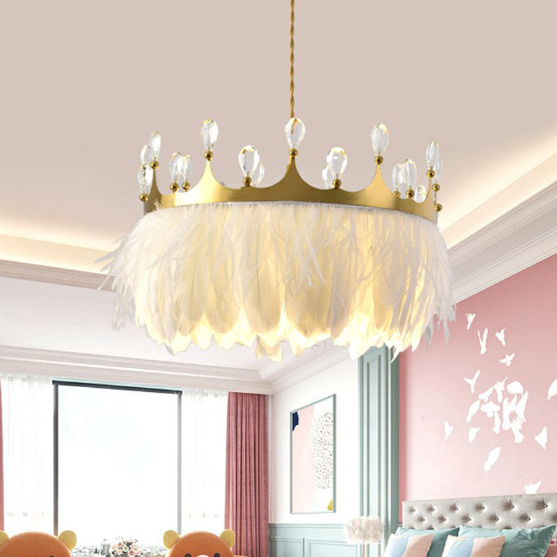 Gold Crown Pendant Light Modern Single Metallic Suspension Light Fixture with Crystal and Feather Decor Gold Clearhalo 'Ceiling Lights' 'Modern Pendants' 'Modern' 'Pendant Lights' 'Pendants' Lighting' 2187536