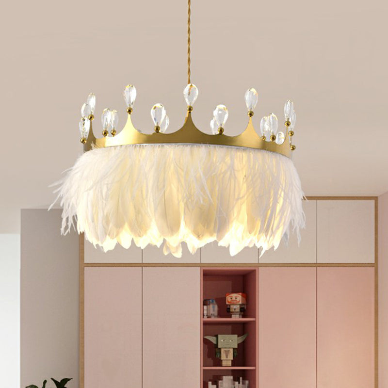 Gold Crown Pendant Light Modern Single Metallic Suspension Light Fixture with Crystal and Feather Decor Clearhalo 'Ceiling Lights' 'Modern Pendants' 'Modern' 'Pendant Lights' 'Pendants' Lighting' 2187537