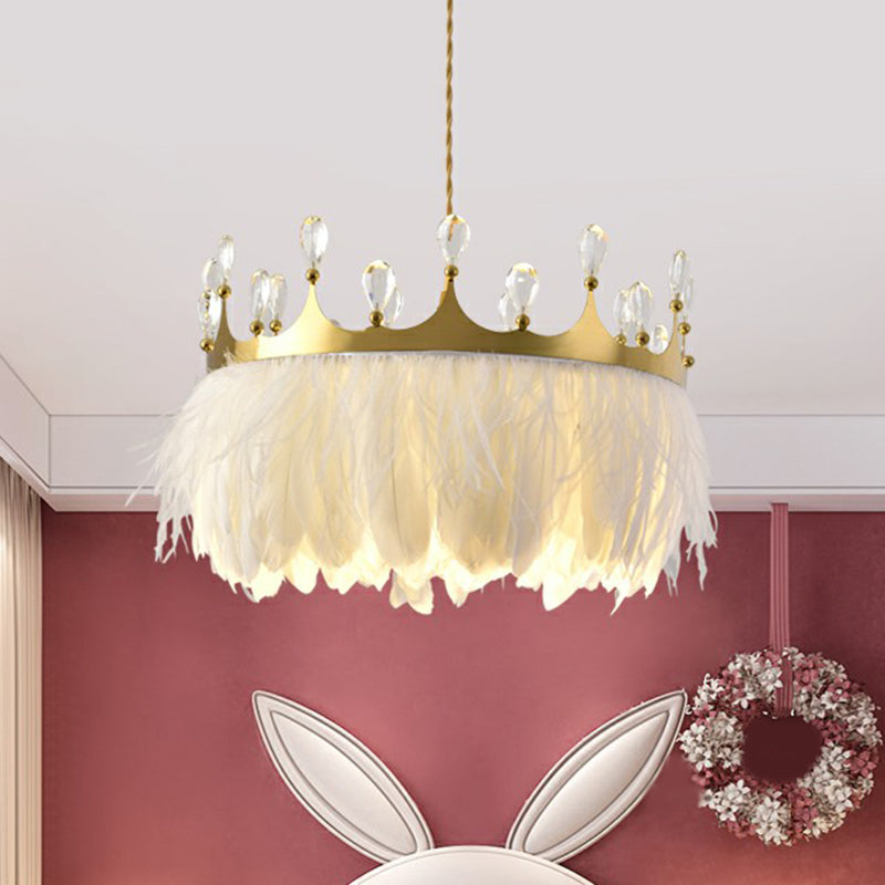 Gold Crown Pendant Light Modern Single Metallic Suspension Light Fixture with Crystal and Feather Decor Clearhalo 'Ceiling Lights' 'Modern Pendants' 'Modern' 'Pendant Lights' 'Pendants' Lighting' 2187540