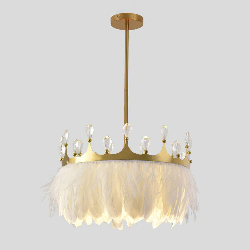 Gold Crown Pendant Light Modern Single Metallic Suspension Light Fixture with Crystal and Feather Decor Clearhalo 'Ceiling Lights' 'Modern Pendants' 'Modern' 'Pendant Lights' 'Pendants' Lighting' 2187541