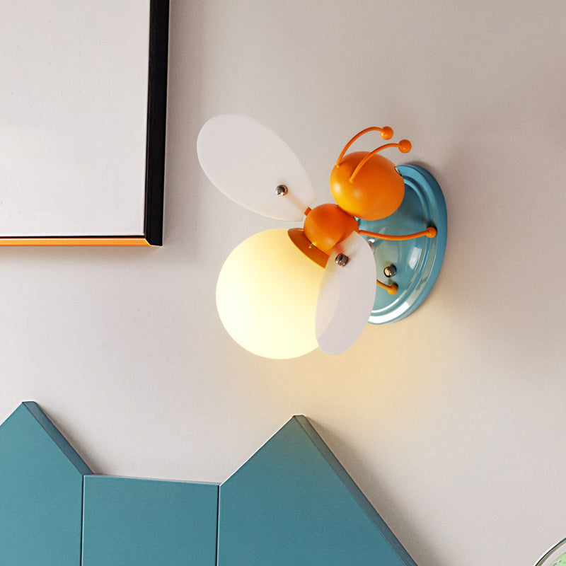 Bee Shaped Child Room Sconce Lighting Metallic Single Modern Wall Light with Globe Cream Glass Shade in Yellow Yellow Clearhalo 'Wall Lamps & Sconces' 'Wall Lights' Lighting' 2187549