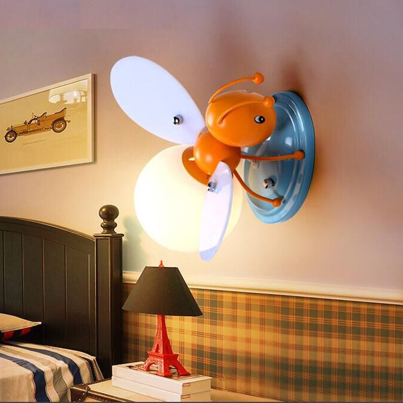 Bee Shaped Child Room Sconce Lighting Metallic Single Modern Wall Light with Globe Cream Glass Shade in Yellow Clearhalo 'Wall Lamps & Sconces' 'Wall Lights' Lighting' 2187551