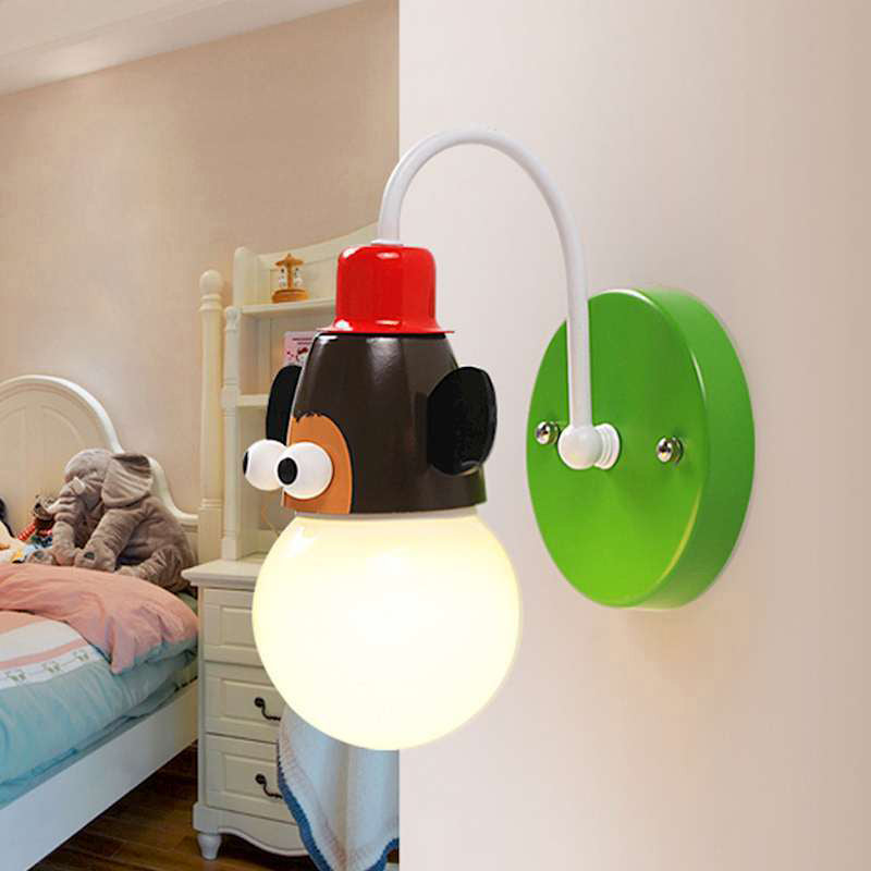 Cartoon Sphere Wall Light Fixture Opal Glass Single-Bulb Nursery Wall Mounted Lamp with Animal Decor Green A Clearhalo 'Wall Lamps & Sconces' 'Wall Lights' Lighting' 2187557