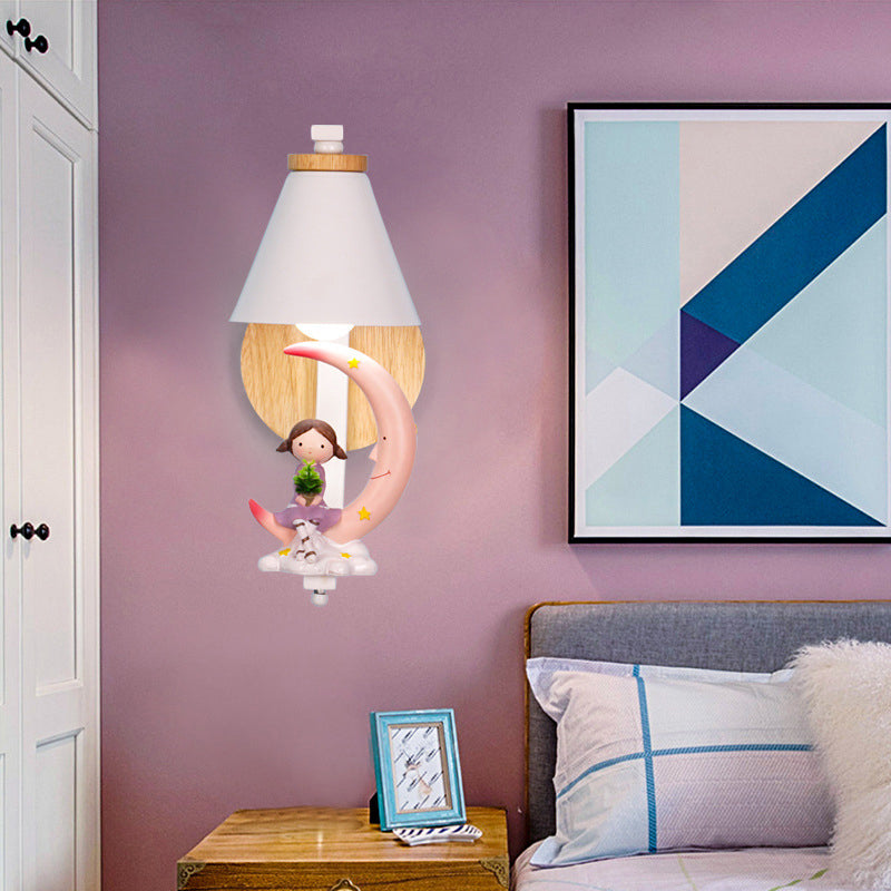 Tapered Wall Mount Light Kids Metallic 1-Light Bedside Wall Lighting with Decorative Figurine in White White B Clearhalo 'Wall Lamps & Sconces' 'Wall Lights' Lighting' 2187561