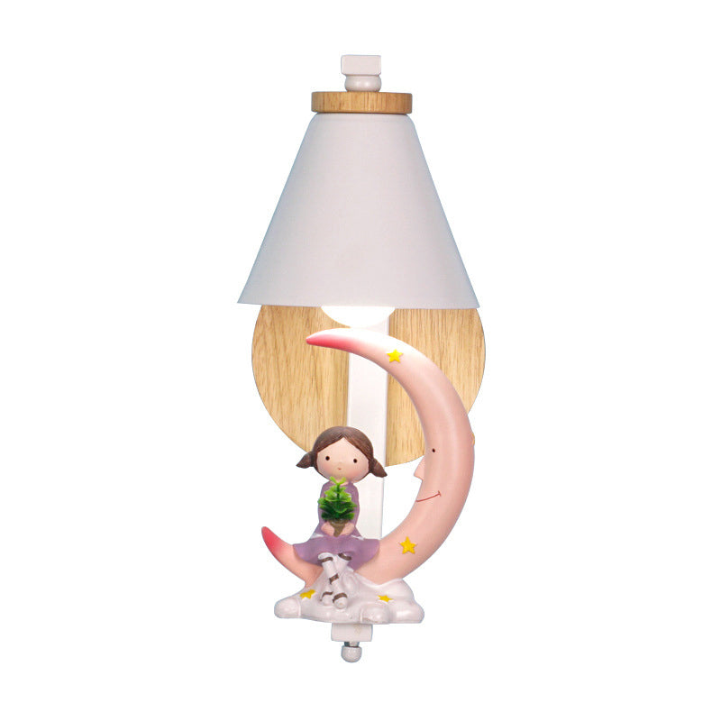 Tapered Wall Mount Light Kids Metallic 1-Light Bedside Wall Lighting with Decorative Figurine in White Clearhalo 'Wall Lamps & Sconces' 'Wall Lights' Lighting' 2187562