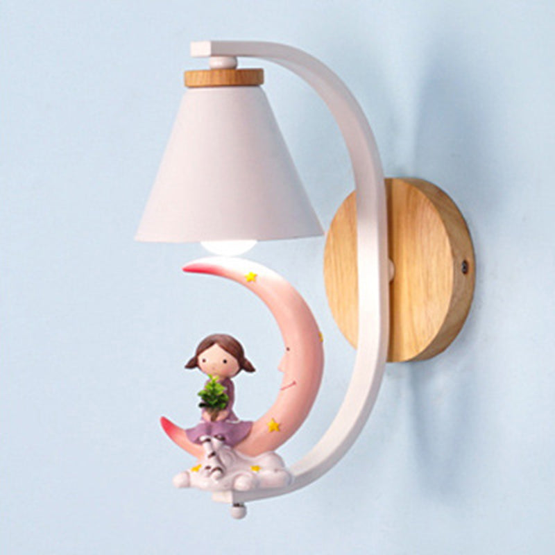 Tapered Wall Mount Light Kids Metallic 1-Light Bedside Wall Lighting with Decorative Figurine in White Clearhalo 'Wall Lamps & Sconces' 'Wall Lights' Lighting' 2187563