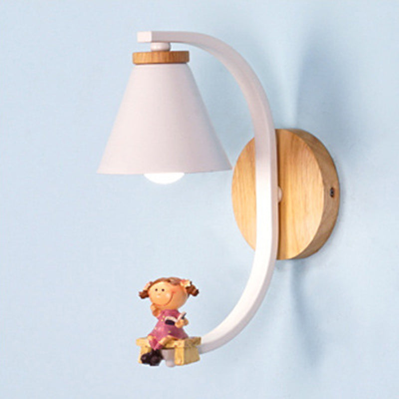 Tapered Wall Mount Light Kids Metallic 1-Light Bedside Wall Lighting with Decorative Figurine in White White D Clearhalo 'Wall Lamps & Sconces' 'Wall Lights' Lighting' 2187568